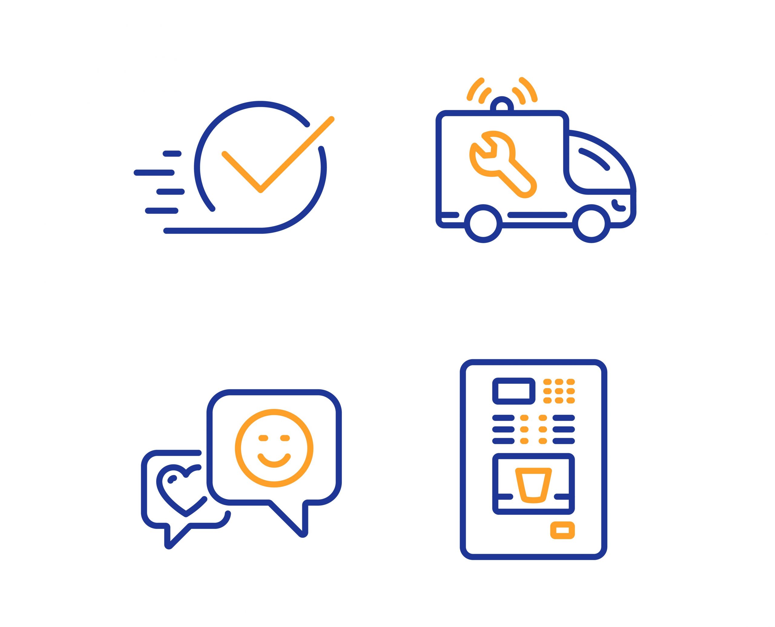 Checkbox, Smile and Car service icons simple set. Coffee vending sign. Approved, Socila media, Repair service. Coffee vending machine. Linear checkbox icon. Colorful design set. Vector