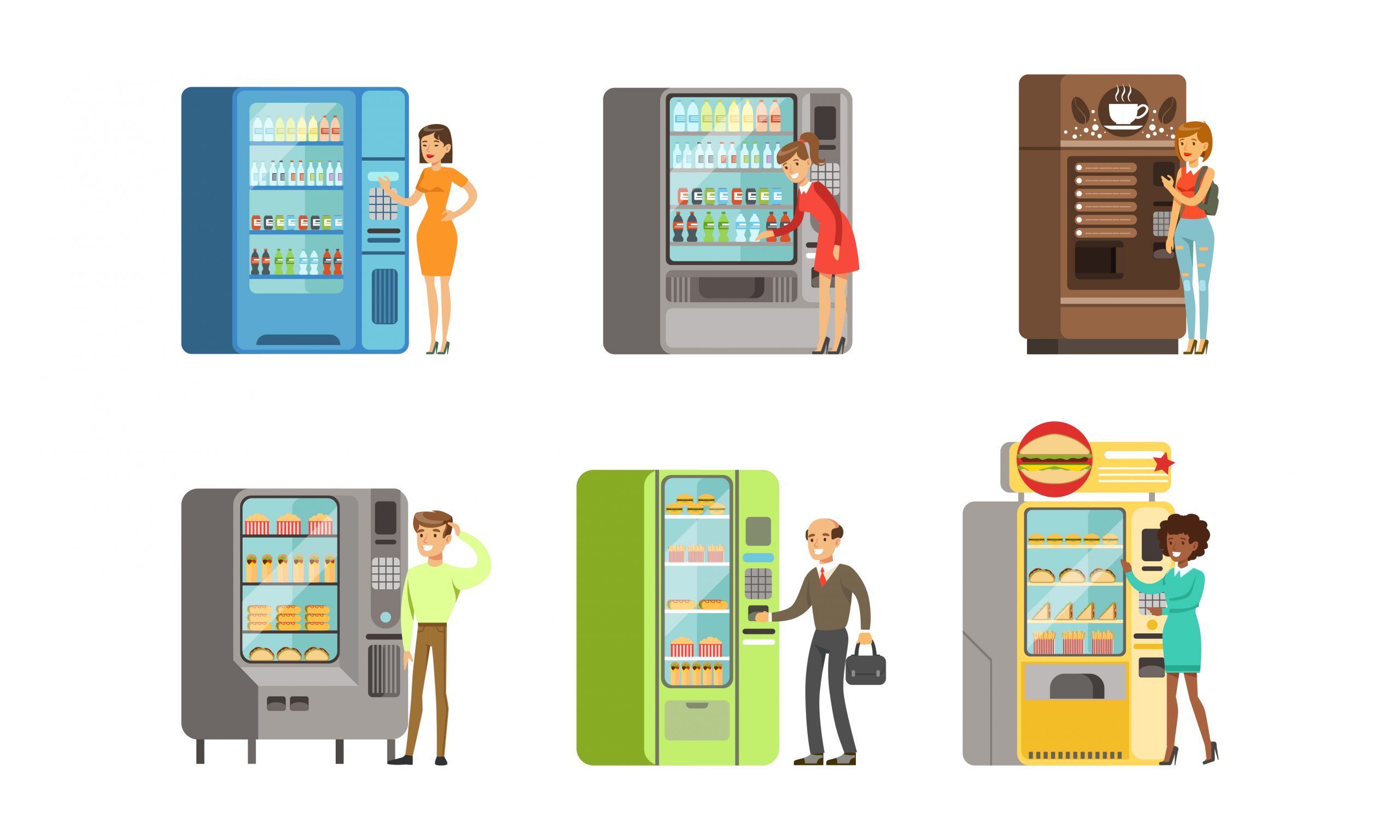 Consumers Standing Near Vending Machine Buying Drinks and Food Vector Set